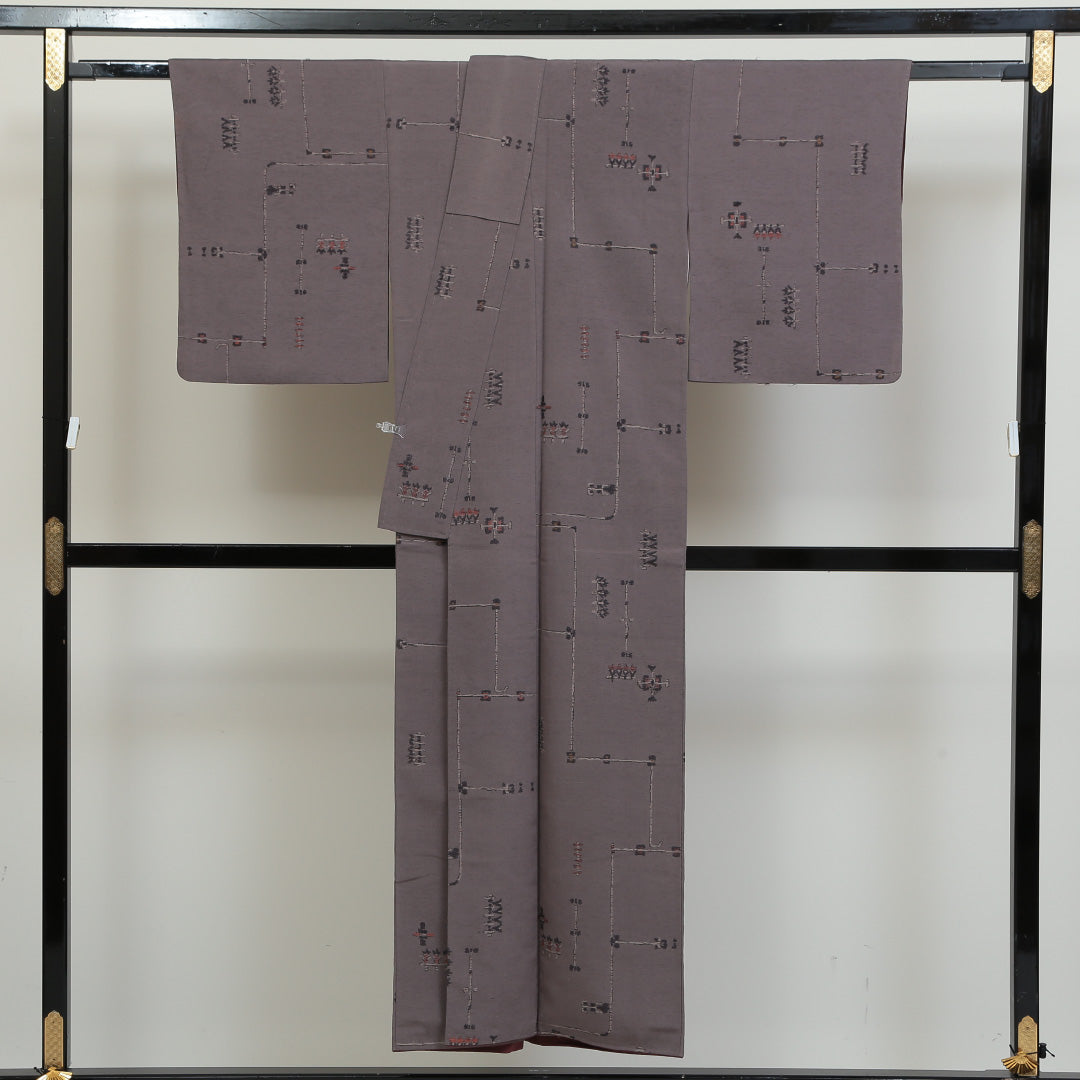 お召 袷 身丈147cm 裄丈63cm 正絹 Aランク XSサイズ 広衿 インフォーマル 創作柄 紫系 1265-00789