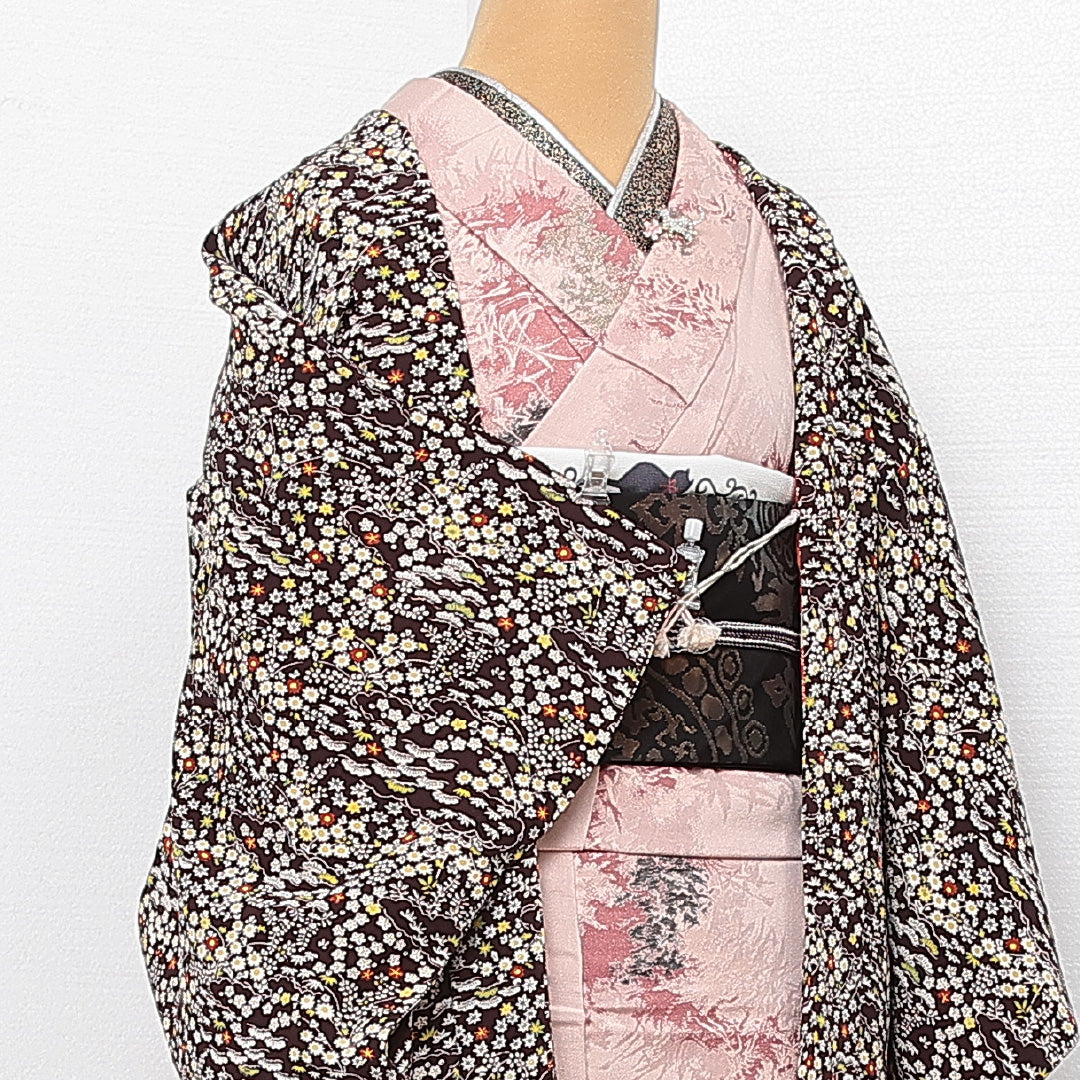 羽織 単衣 身丈85cm 裄丈63cm 正絹 Sランク カジュアル Sサイズ 紐あり 花柄 紫系 RP 1232-13902