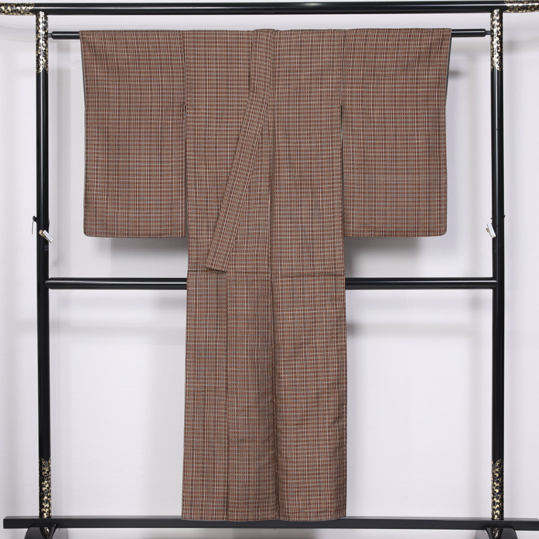 洗える着物 紬 袷 身丈149cm 裄丈63cm ポリエステル Sランク カジュアル バチ衿 XSサイズ 格子 茶系 RP 1223-11481