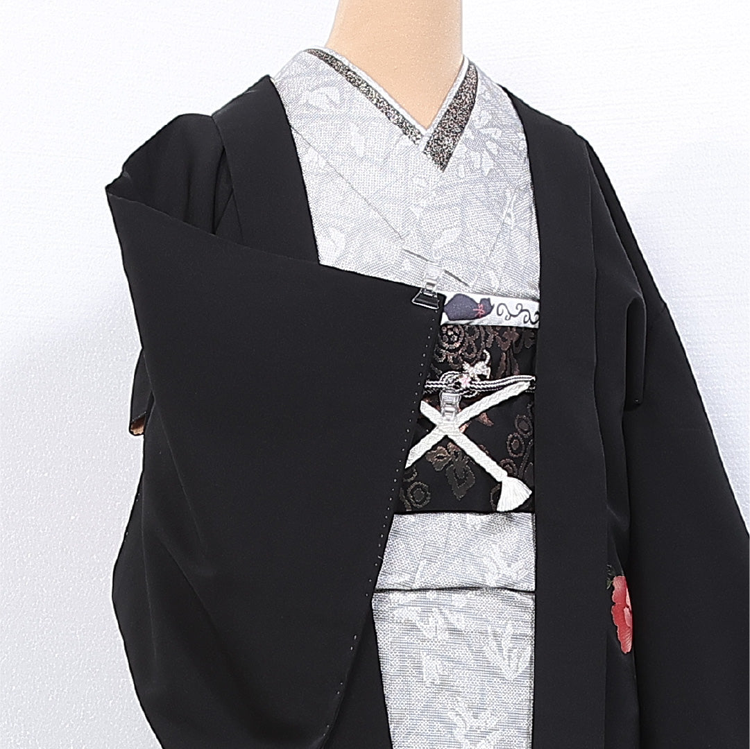 羽織 身丈82cm 裄丈64cm M 正絹 Sランク 袷 黒羽織 紐あり 牡丹 友禅 絵羽羽織 1217-11169
