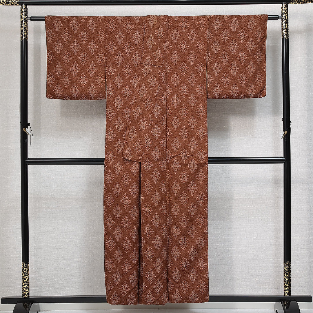 小紋 袷 身丈155cm 裄丈63cm 正絹 Sランク インフォーマル 広衿 Mサイズ 菱 創作柄 茶系 RP 1221-14800