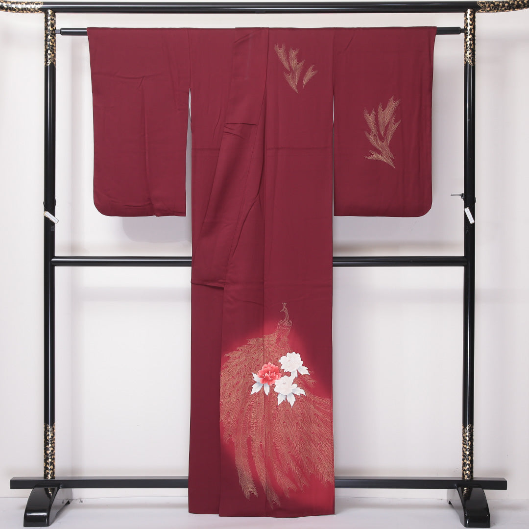 訪問着 袷 身丈160~164cm 裄64cm 正絹 孔雀や牡丹 金箔 臙脂色 赤系 Aランク 1212-00616
