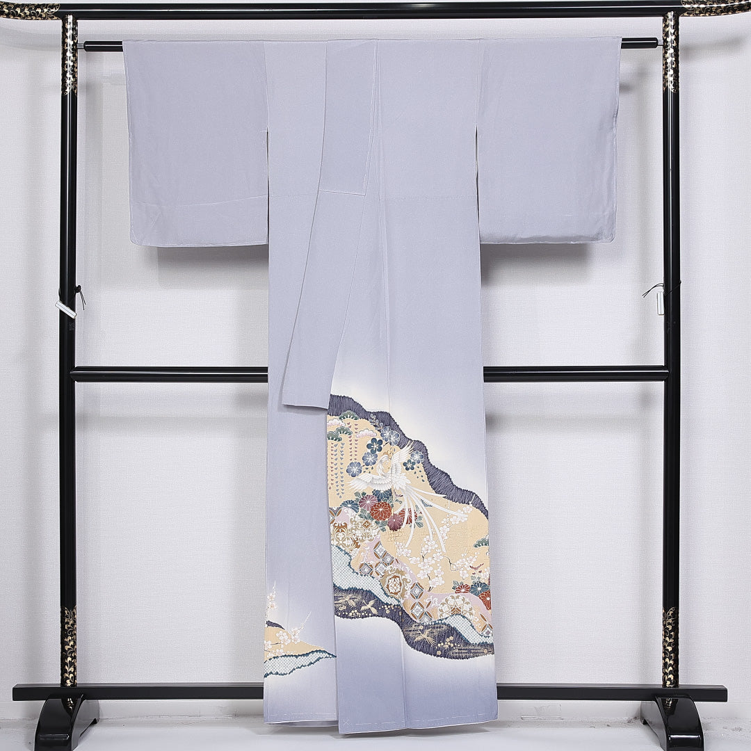 色留袖 身丈160cm 裄丈64.5cm 袷 一つ紋 四ツ目菱 正絹 Bランク 広衿 尾長鳥 アラベスク 1211-F0357