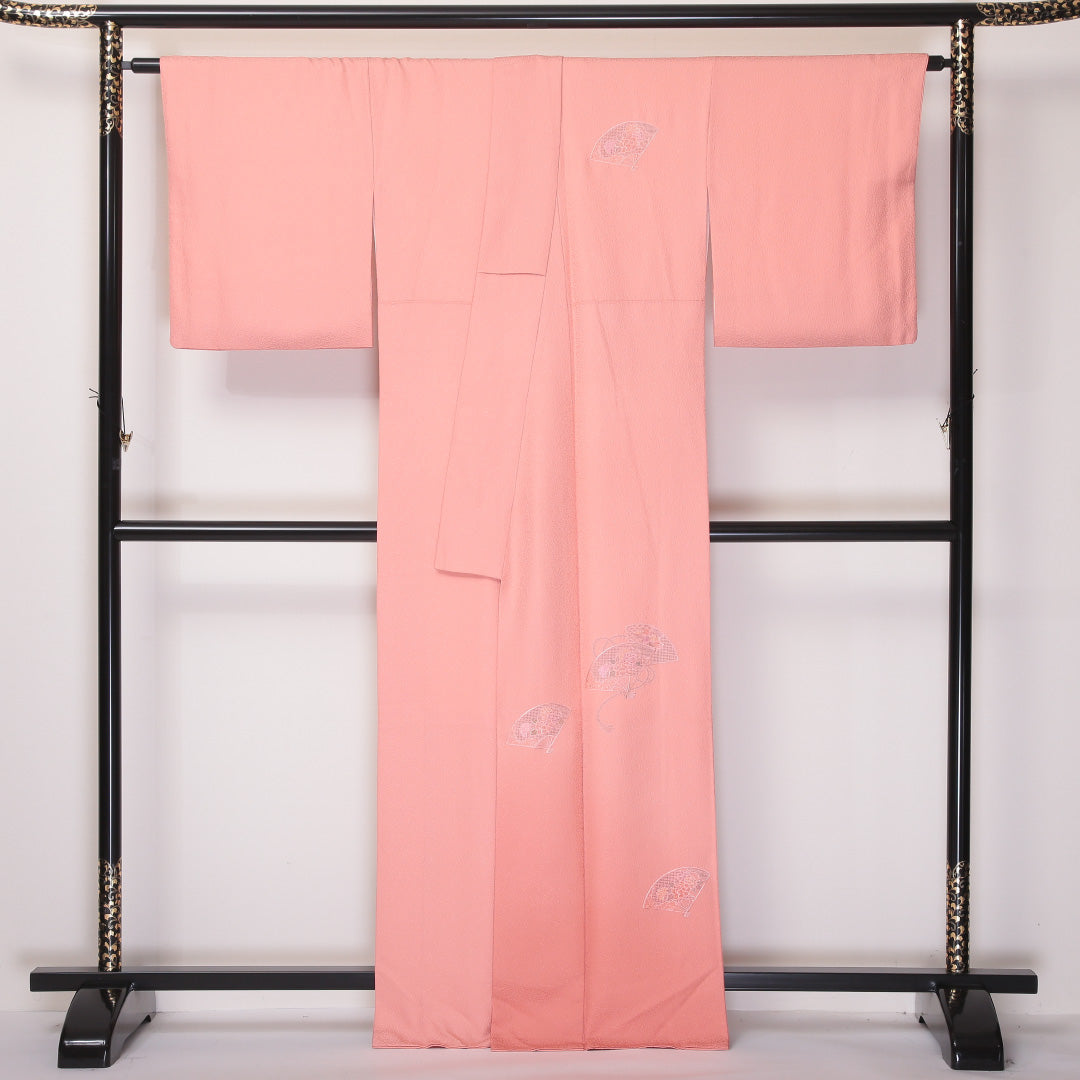 付下げ 袷 身丈165~169cm 裄68cm 正絹 汕頭刺繡 ぼかし 檜扇 ピンク系 ふくれ織 Sランク 1212-00651