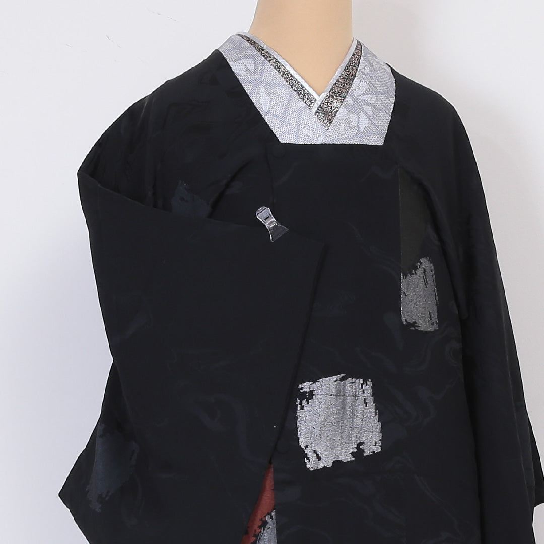 アンティーク 道行コート 袷 身丈86cm 裄丈63cm 正絹 Aランク Sサイズ 刺繍 家紋柄 黒系 RP 1237-05906