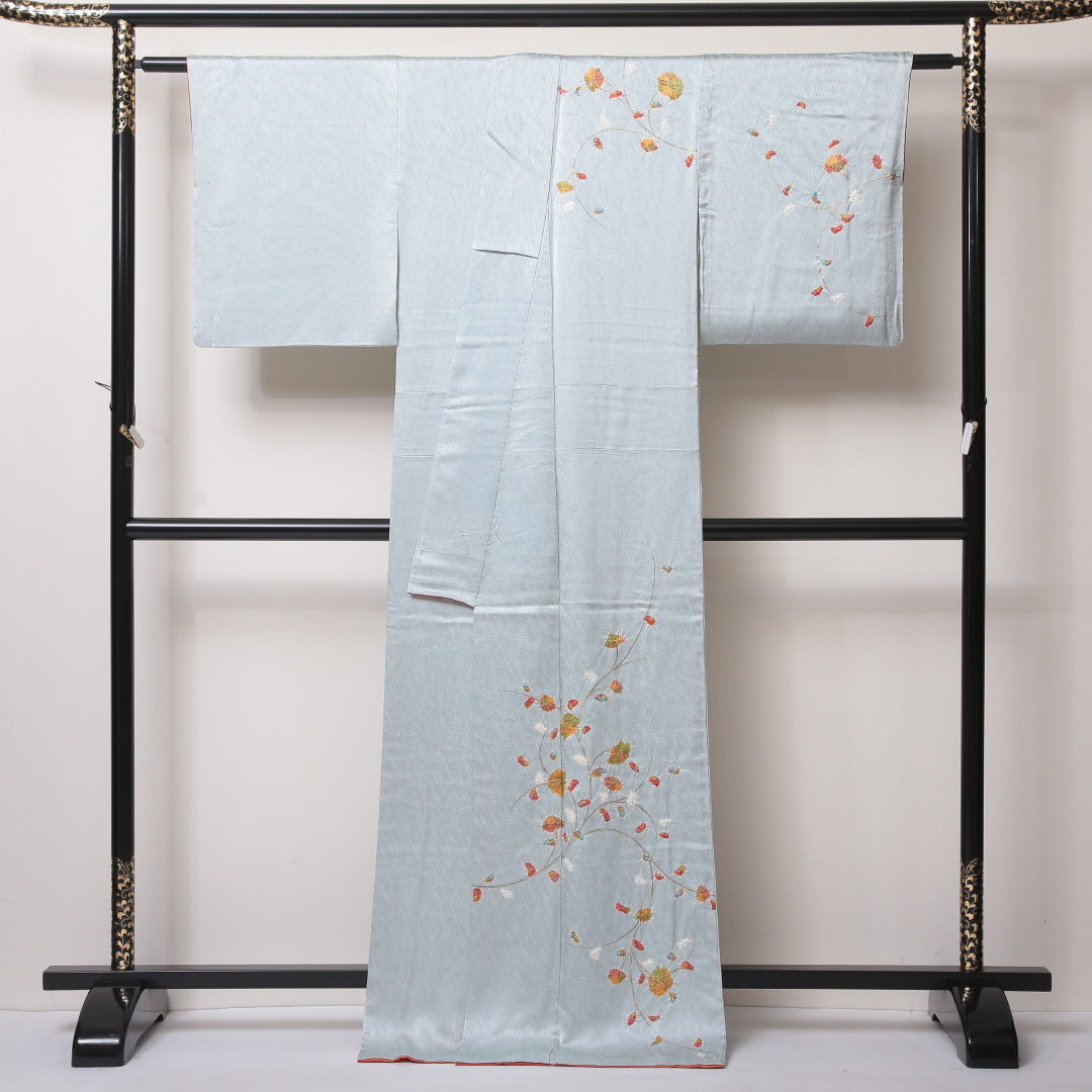 付下げ 袷 身丈170~174cm 裄66.5cm 正絹 部分絞り 草花 水色系 Cランク 1212-00605