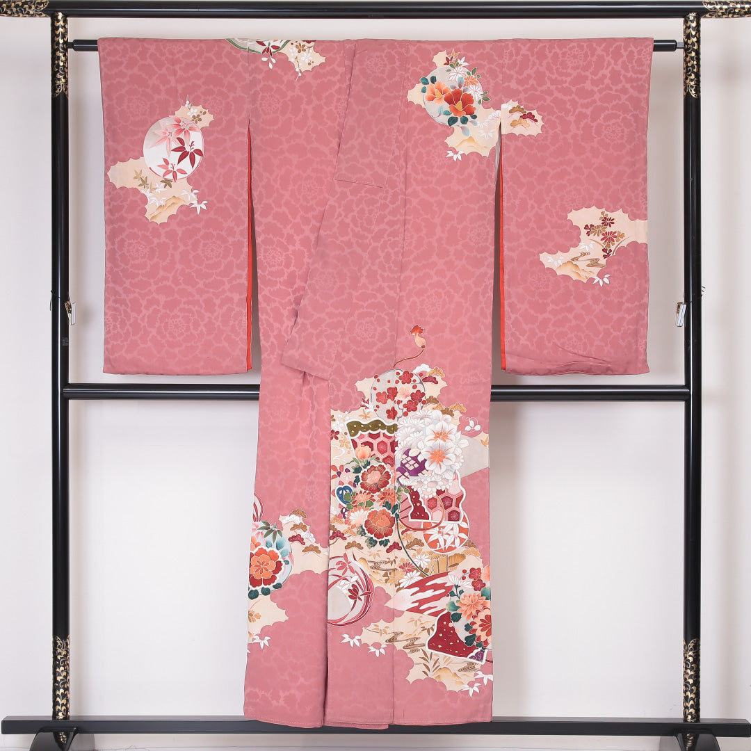 アンティーク 訪問着 (錦紗) 袷 身丈151cm 裄丈63cm 正絹 Aランク 紋意匠 (吉祥文様) 広衿 Sサイズ 花柄 吉祥文様 ピンク系 RP 1217-04501