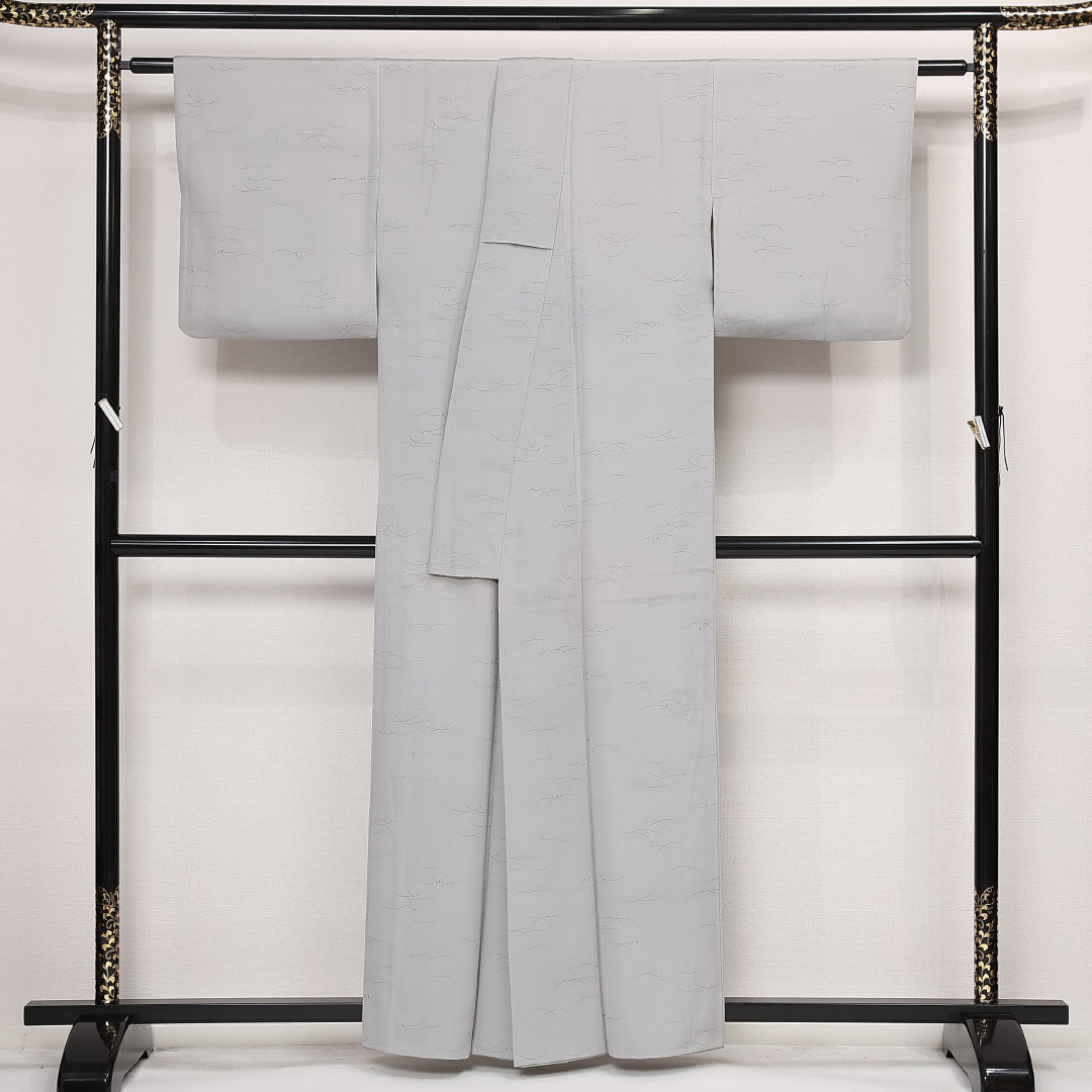 小紋 袷 身丈159cm 裄丈63cm 正絹 Aランク インフォーマル 広衿 Mサイズ 露芝草 グレー系 RP 1221-13334