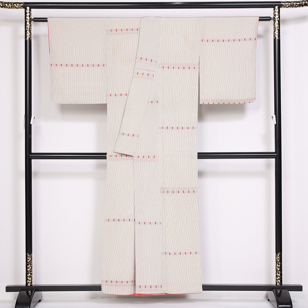 お召 袷 身丈153cm 裄丈61cm 正絹 Bランク インフォーマル 広衿 Sサイズ 創作柄 クリーム系 RP 1222-10006