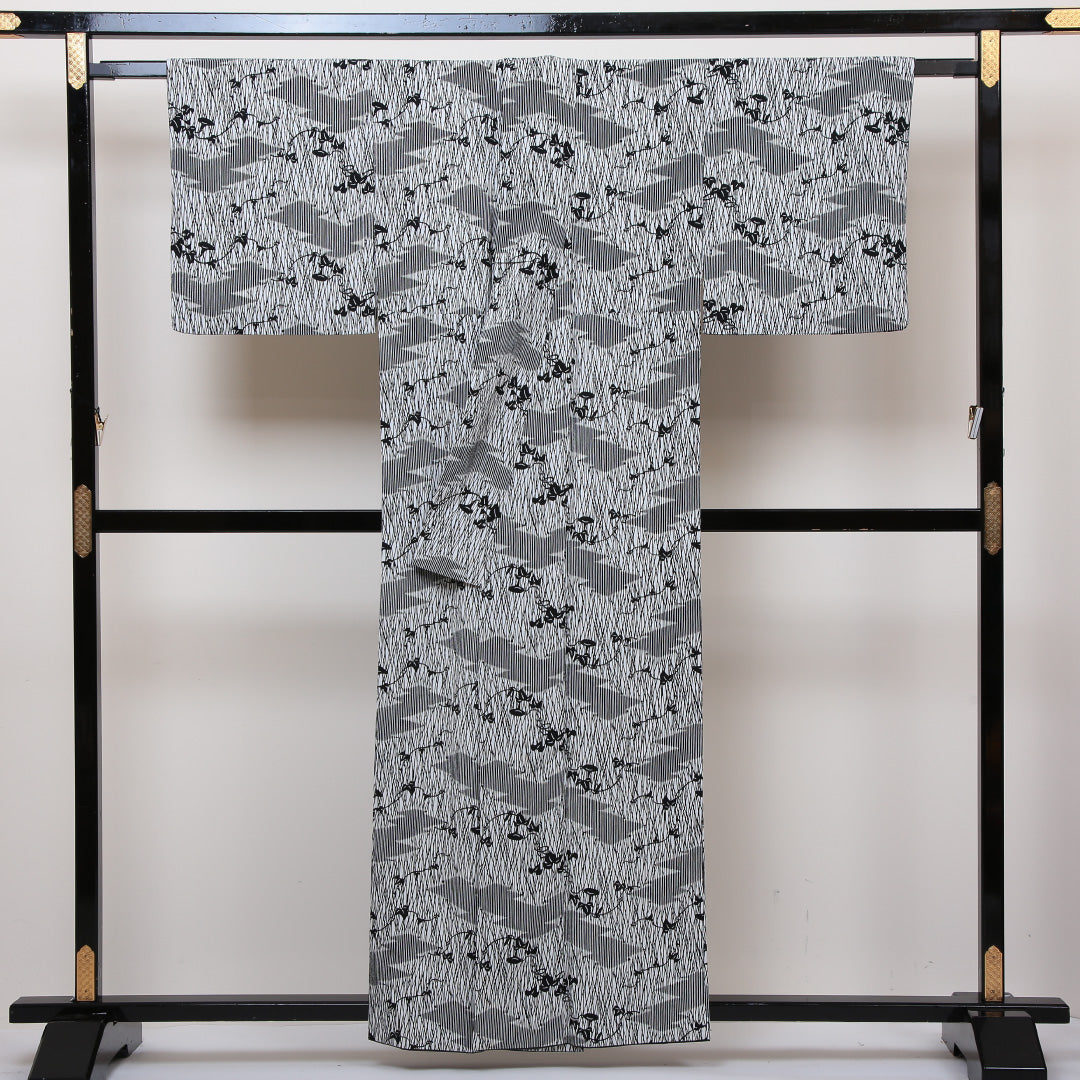 洗える着物 小紋 袷 身丈158cm 裄丈65cm ポリエステル Sランク インフォーマル 広衿 Mサイズ 朝顔 白系 RP 1221-01108