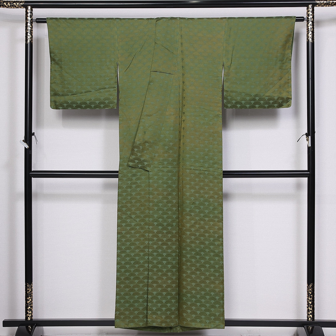 小紋 身丈154cm 裄丈65.5cm S 正絹 Sランク 袷 広衿 やまと 色無地 菊 青海波 1215-10573