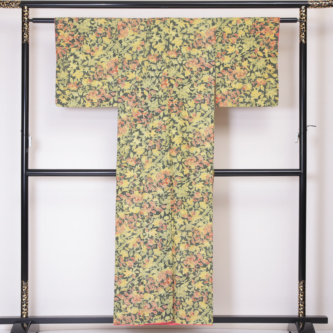 小紋 袷 身丈154cm 裄62.5cm 正絹 更紗 黄系 Sランク 1215-02127