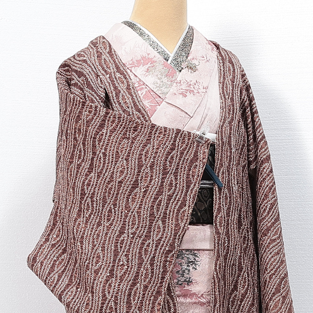 羽織 袷 身丈79cm 裄丈64cm 正絹 Sランク カジュアル Mサイズ 紐あり よろけ縞 茶系 RP 1232-14692