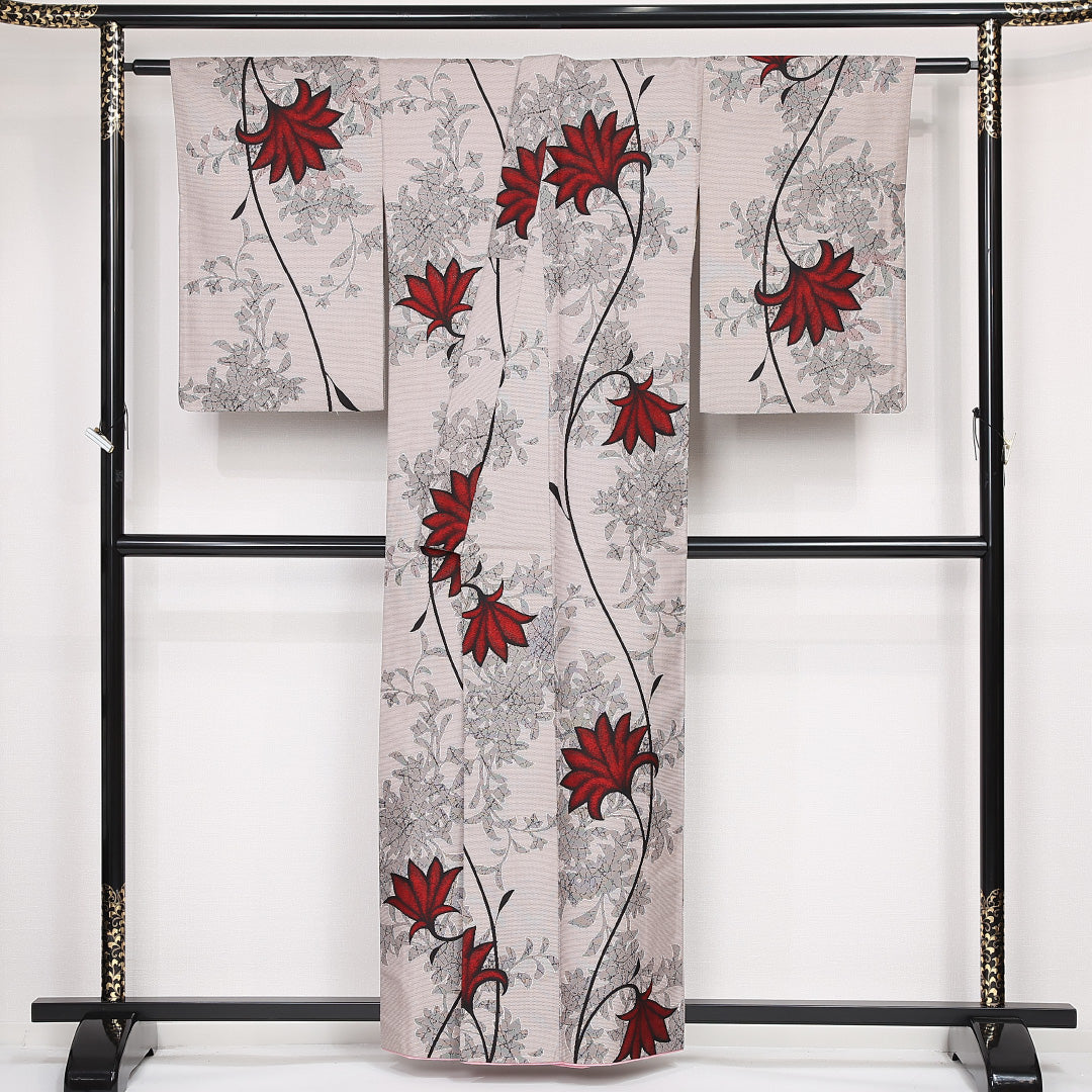アンティーク お召 袷 身丈150cm 裄丈65cm 正絹 Aランク バチ衿 Sサイズ 植物柄 グレー系 RP 1222-13221