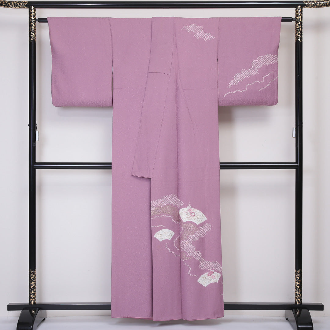 訪問着 袷 身丈159cm 裄丈64cm 正絹 Bランク セミフォーマル 広衿 Mサイズ 絞り 金彩 刺繍 扇 牡丹 ピンク系 HP 1217-04539