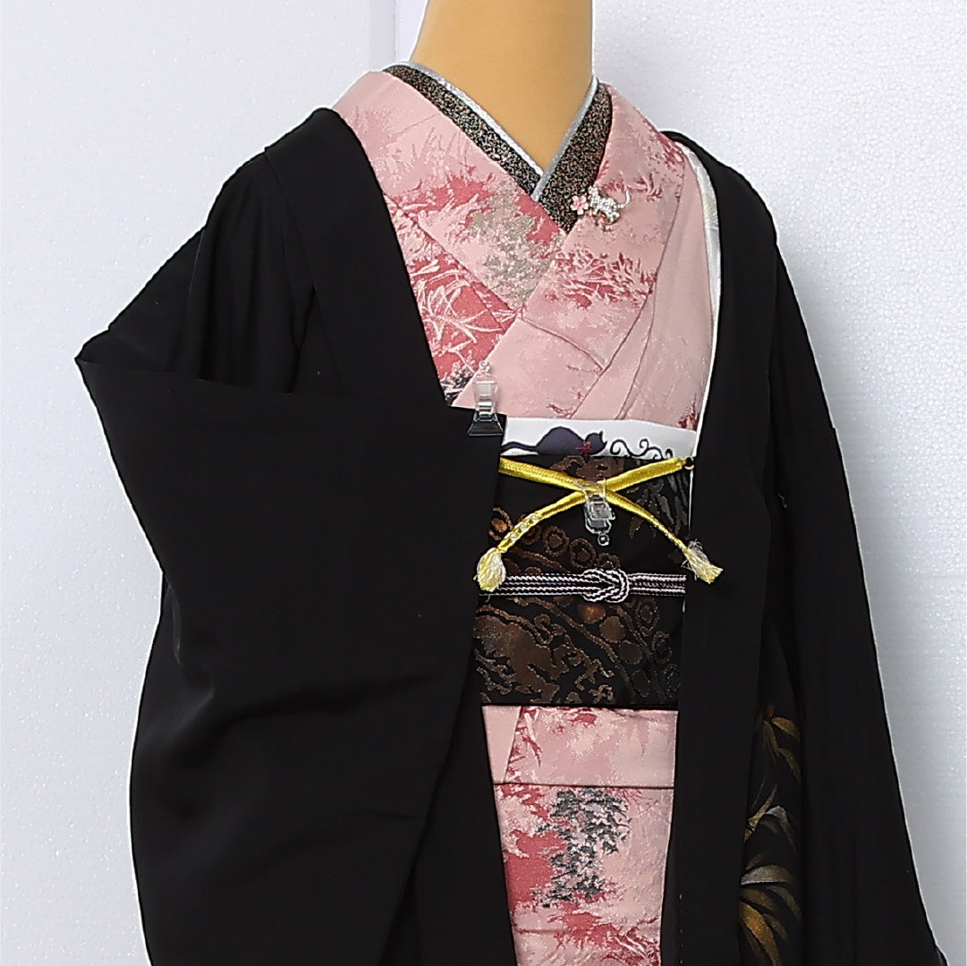 黒羽織 袷 身丈76cm 裄丈63cm 正絹 Sランク インフォーマル Sサイズ 紐あり 竹 黒系 RP 1233-12927