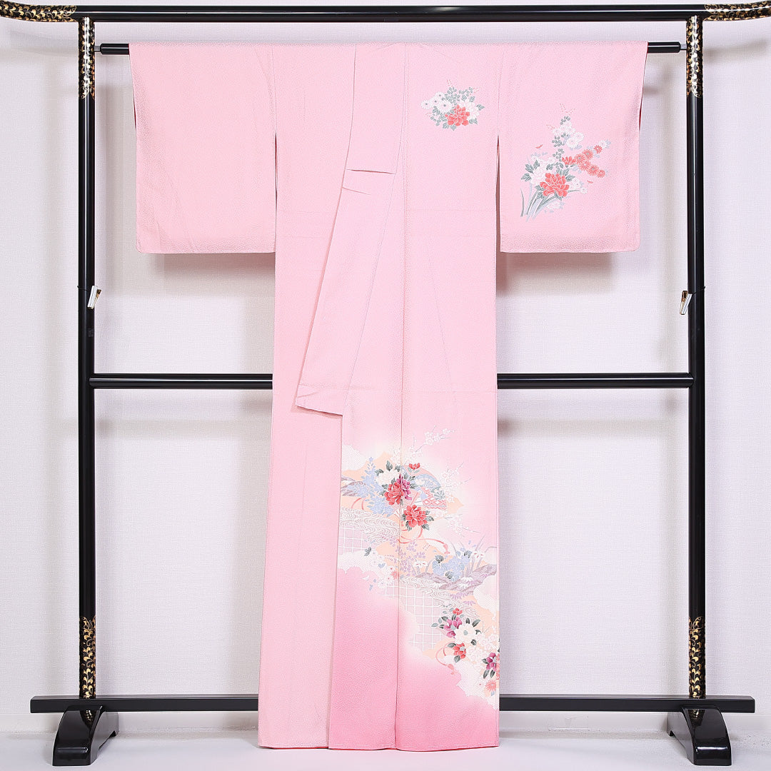 訪問着 身丈162cm 裄丈63.5cm Sランク 袷 正絹 広衿 牡丹 菊 1212-10142