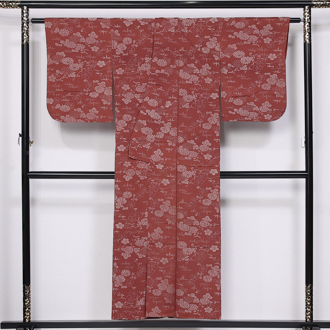 アンティーク お召 単衣 身丈149cm 裄丈63cm 正絹 Bランク 広衿 XSサイズ 菊 笹 赤系 RP 1222-11026