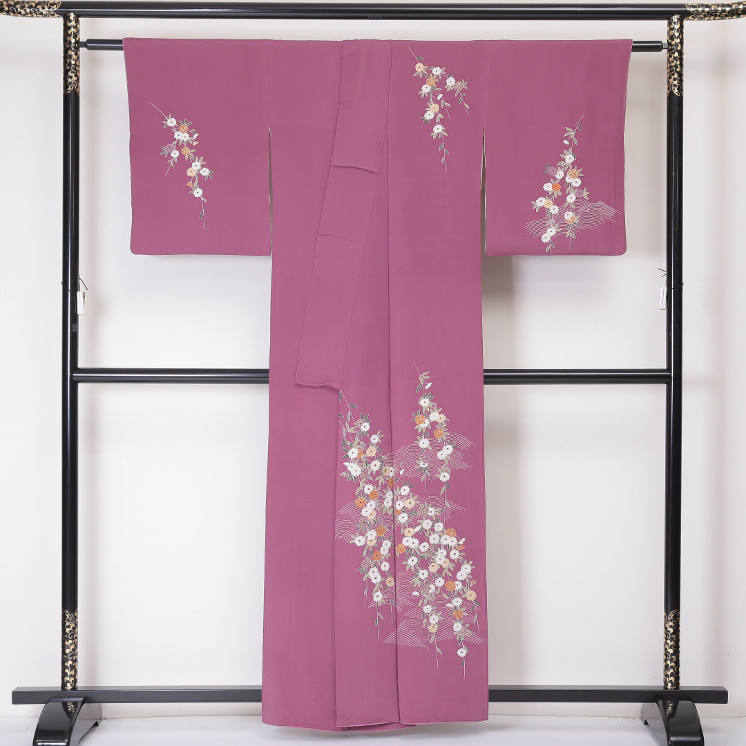 付下げ 袷 150 ~ 159cm 身丈155~159cm 正絹 一つ紋 菊 木瓜 ピンク系 Bランク 1212-00525