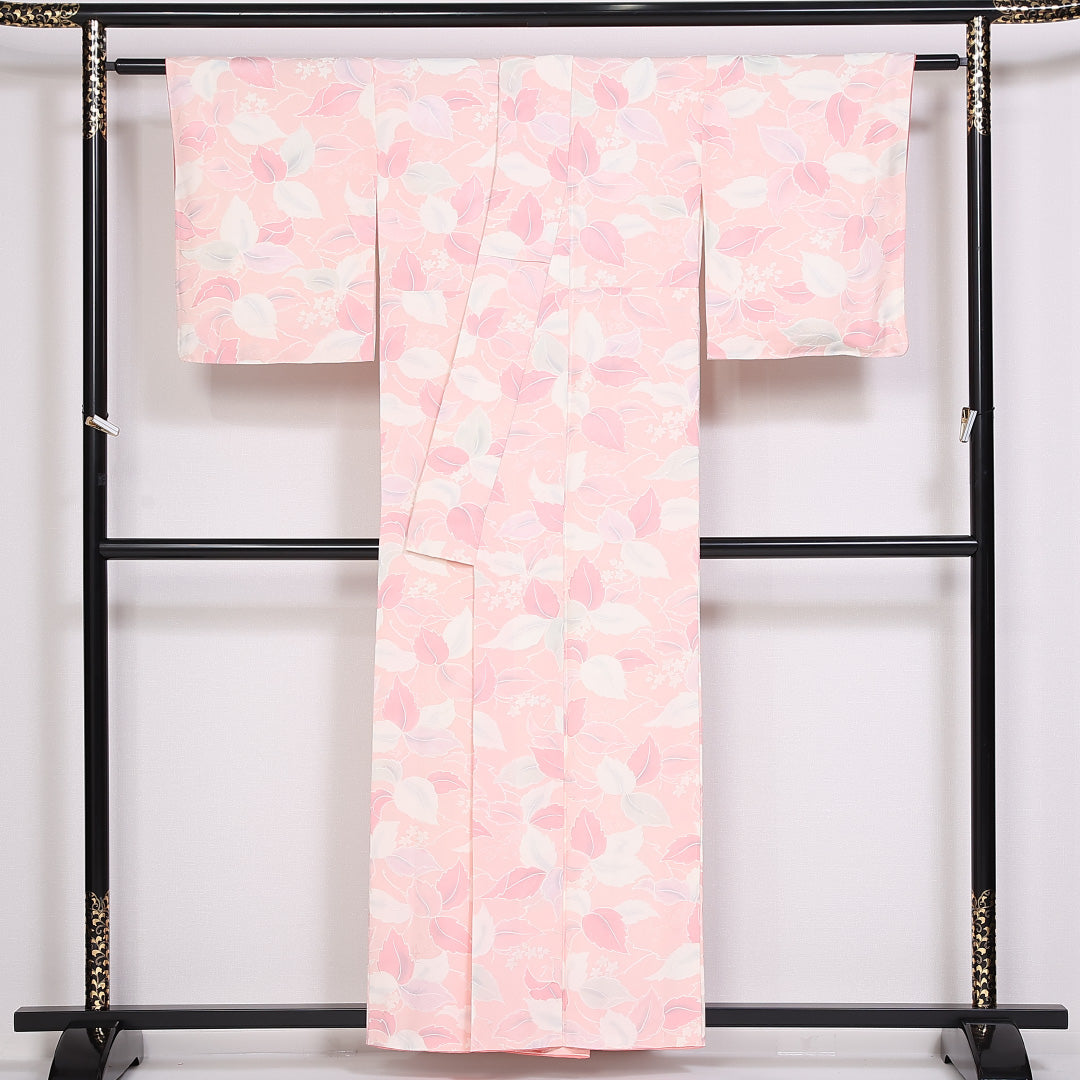 洗える着物 小紋 袷 身丈156cm 裄丈63cm ポリエステル Sランク インフォーマル 広衿 Mサイズ 花柄 ピンク系 RP 1221-10037
