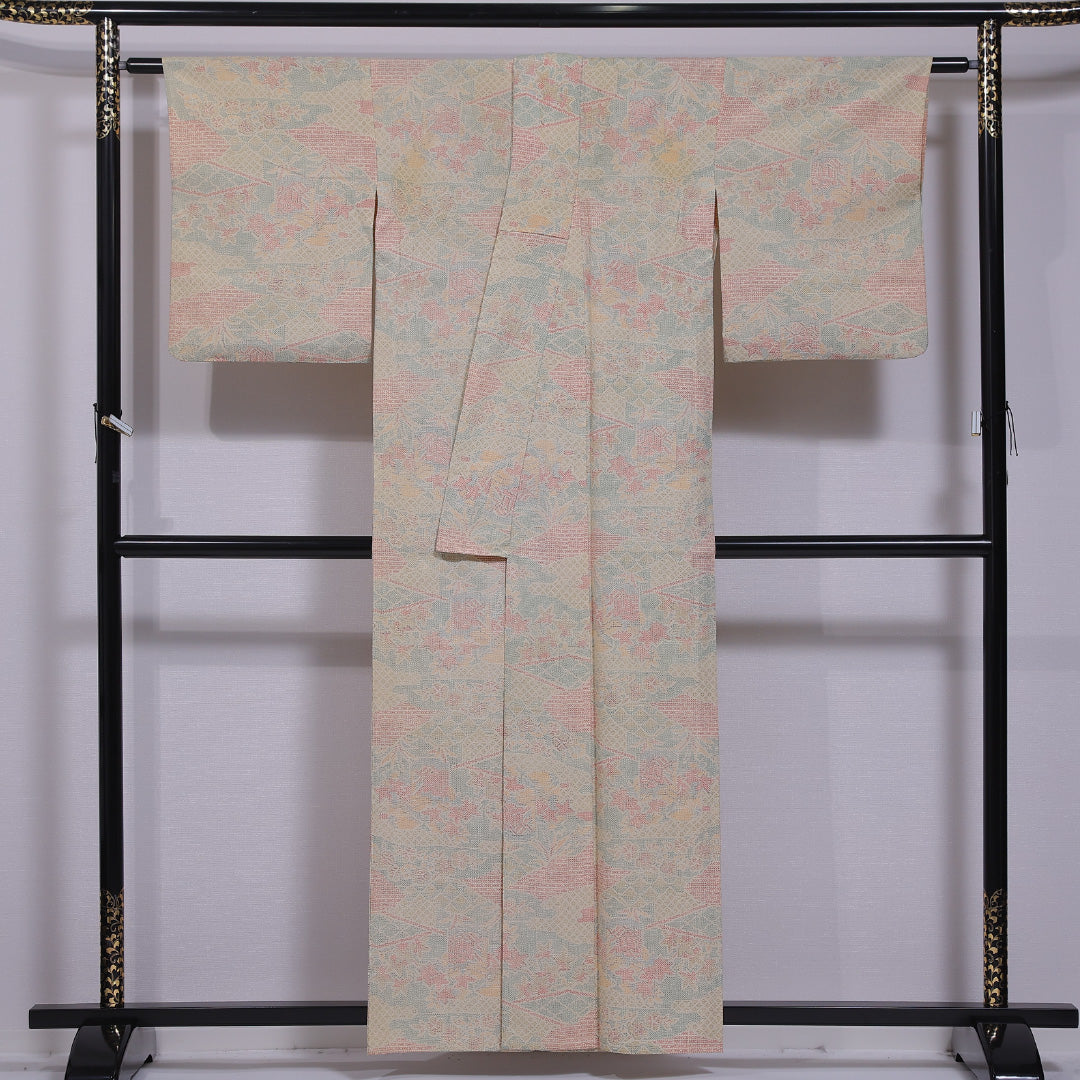 小紋 単衣 身丈155cm 裄丈64cm 正絹 Cランク インフォーマル 広衿 Mサイズ 花園 ベージュ系 LP 1221-11778