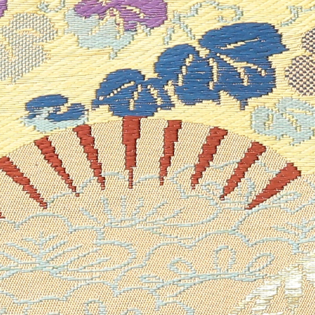 アンティーク 名古屋帯 六通 帯丈340cm Bランク 正絹 吉祥文様 扇 菊 牡丹 蔦 ベージュ系 1224-02115