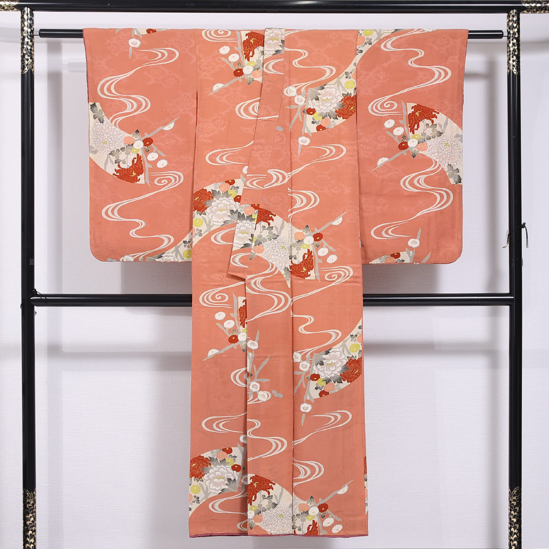 アンティーク 小紋 袷 身丈145cm 裄丈60cm 正絹 Bランク バチ衿 XSサイズ 小振袖 流水 菊 ピンク系 M4 1221-11677