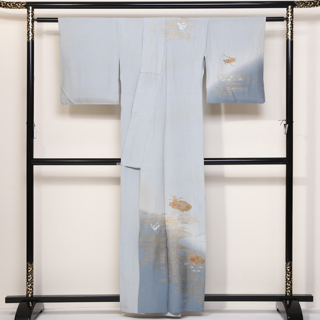 訪問着 袷 身丈159cm 裄丈63cm 正絹 Bランク セミフォーマル 広衿 Mサイズ 金彩 蘇州刺繍 汕頭刺繍 吉祥文様 水色系 HP 1217-04418