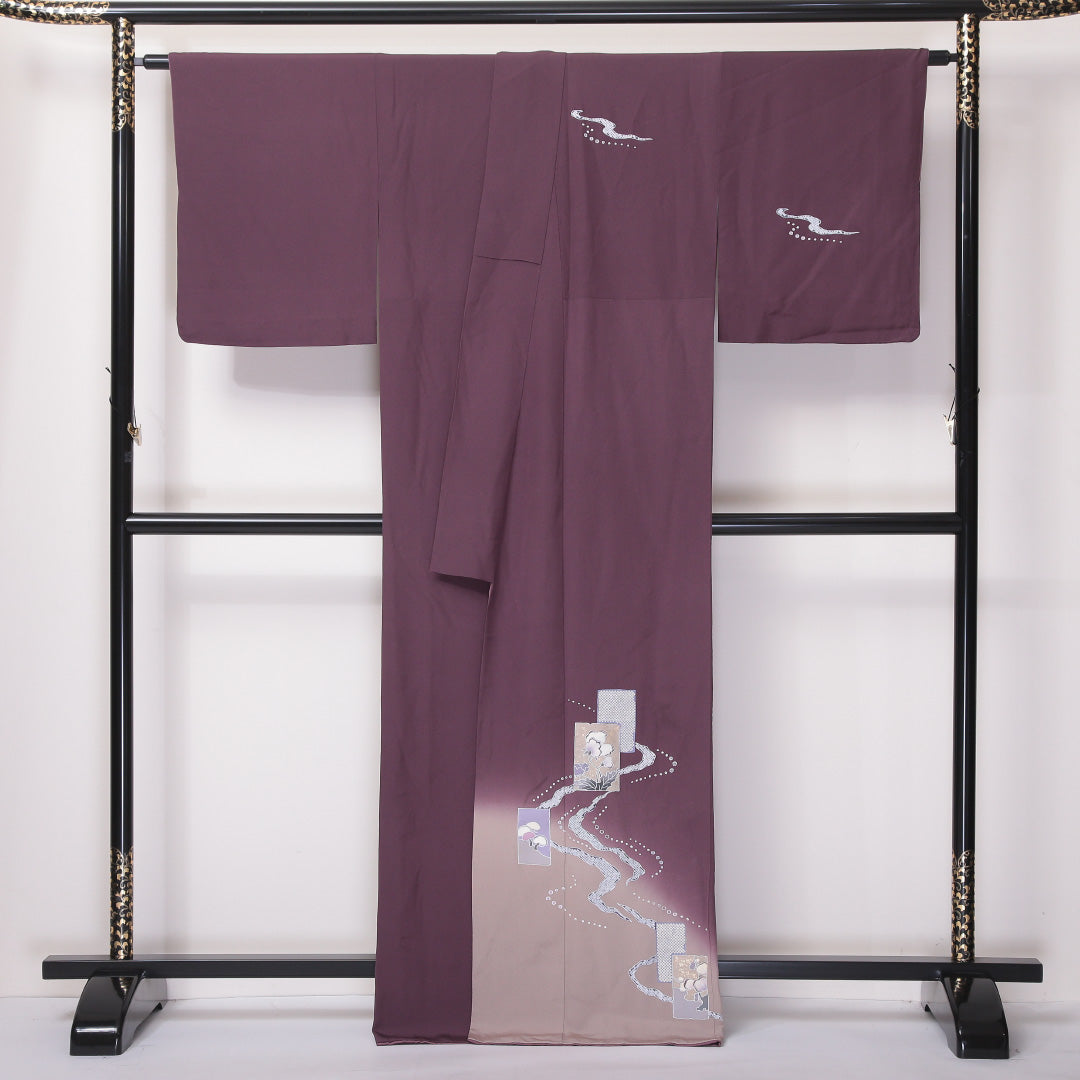 訪問着 袷 身丈167cm 裄丈67cm 正絹 Aランク セミフォーマル 広衿 XLサイズ 琳派 ぼかし染 金箔 花柄 紫系 RP 1217-04601
