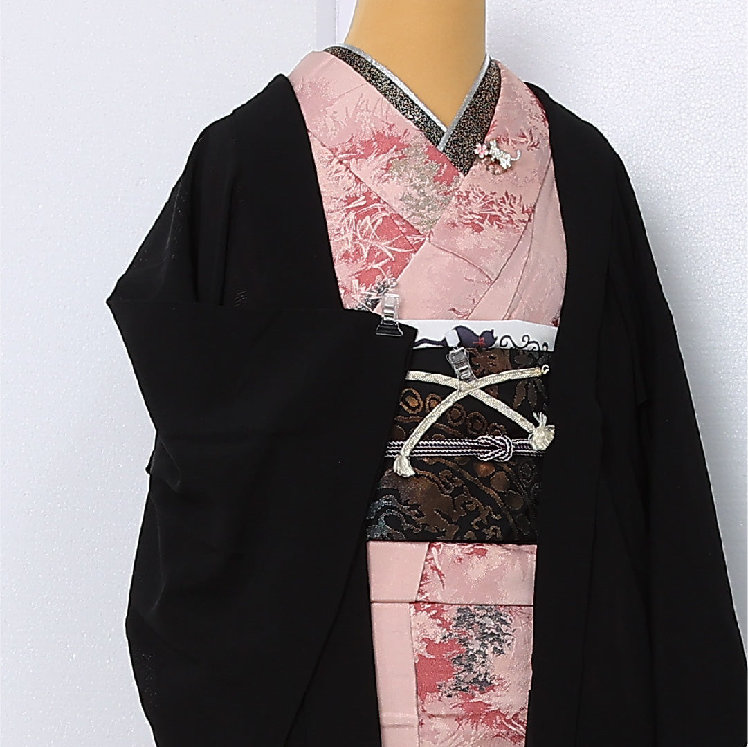 夏物 黒羽織 絽 身丈76cm 裄丈61cm 正絹 Sランク 一つ紋 (五三桐) セミフォーマル Sサイズ 紐あり 無地 黒系 RP 1233-12940