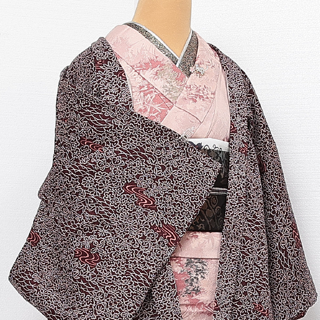 洗える着物 羽織 袷 身丈77cm 裄丈62cm ポリエステル Aランク カジュアル Sサイズ ふくれ織 しつけ糸 流水 花柄 紫系 HP 1232-13920