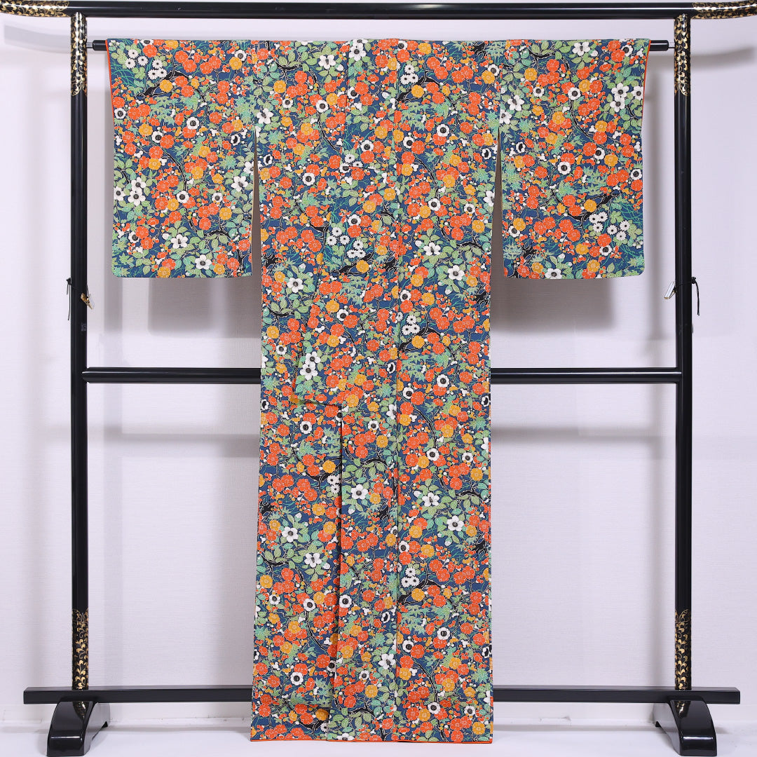 小紋 袷 身丈163cm 裄丈66cm 正絹 Sランク インフォーマル 広衿 Lサイズ 梅 笹 緑系 RP 1221-11766