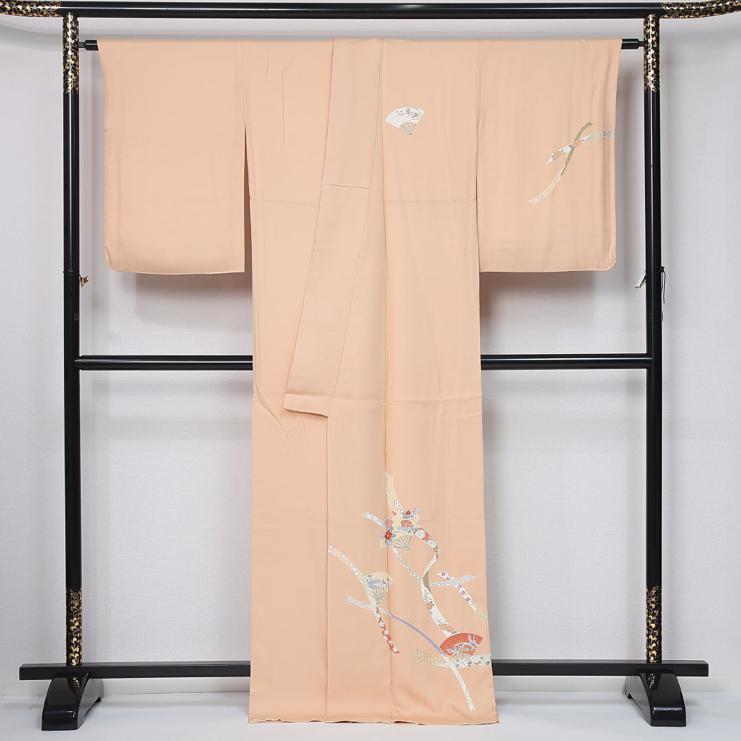 付下げ 身丈170cm 裄丈66cm Sランク 2XL 正絹 袷 広衿 短冊 菊 菖蒲 インフォーマル ベージュ系 1261-12028