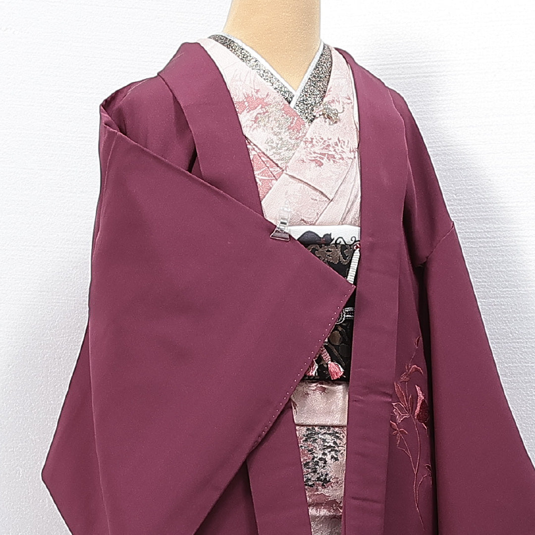 絵羽羽織 袷 身丈82cm 裄丈64cm 正絹 Aランク インフォーマル Mサイズ 刺繍 紐あり ハイビスカス 紫系 RP 1234-14707
