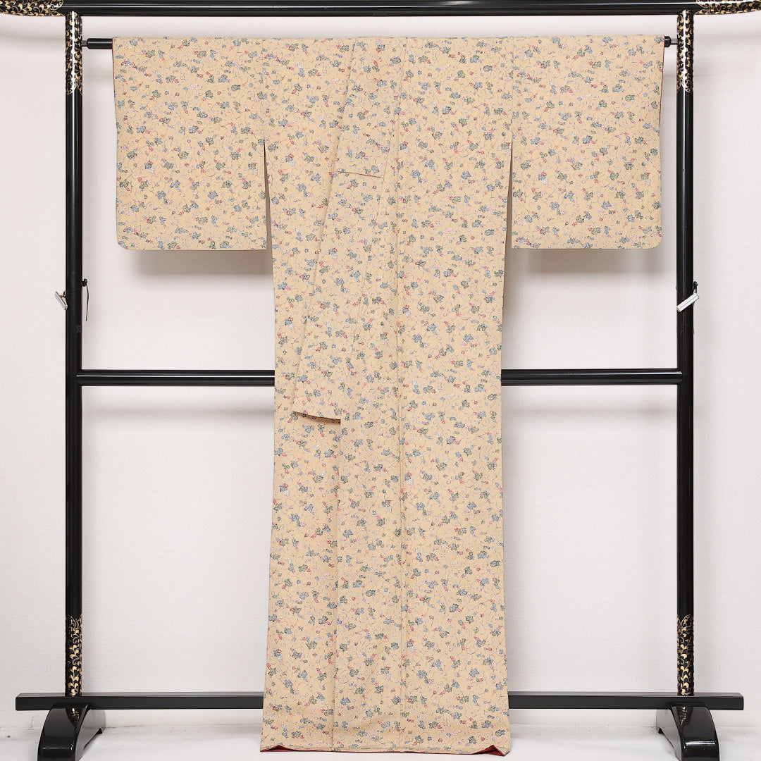 洗える着物 小紋 袷 身丈162cm 裄丈66cm ポリエステル Sランク インフォーマル 広衿 Lサイズ 葡萄 ベージュ系 RP 1221-13592