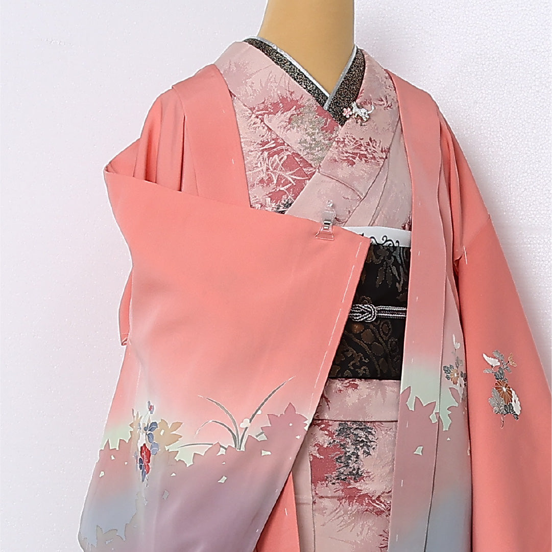絵羽羽織 袷 身丈80cm 裄丈65cm 正絹 Sランク インフォーマル Mサイズ 椿 ピンク系 RP 1234-12809