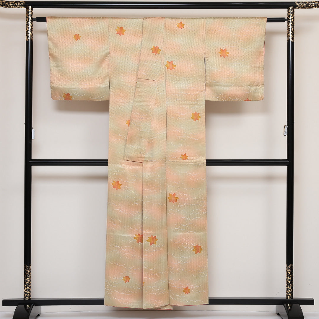 小紋 袷 身丈153cm 裄丈63cm 正絹 Aランク インフォーマル 広衿 Sサイズ ぼかし染 芝草 紅葉 朱系 HP 1221-01642