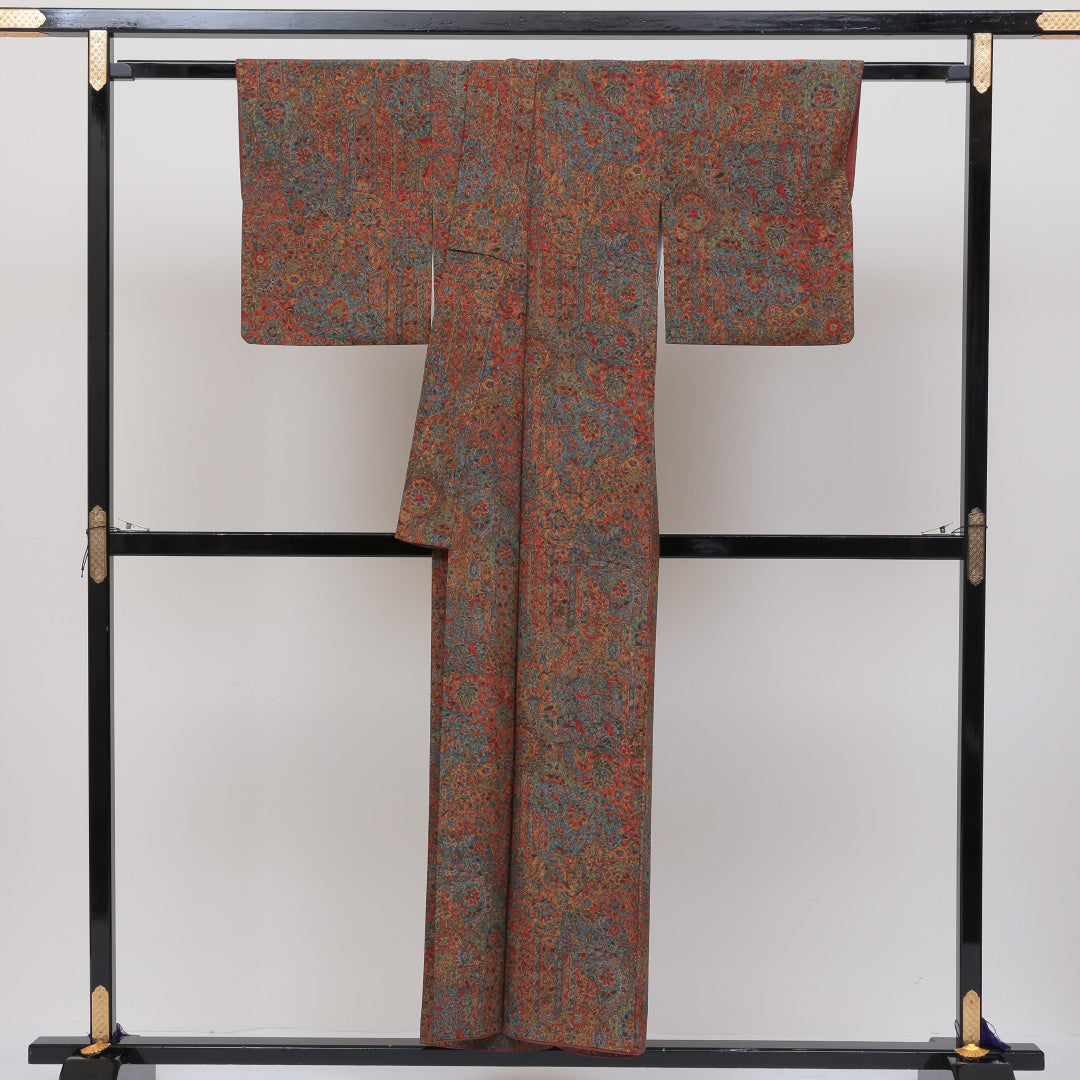 小紋 袷 身丈150cm 裄丈62cm 正絹 Sランク インフォーマル 広衿 Sサイズ 更紗 花柄 茶系 RP 1221-00171