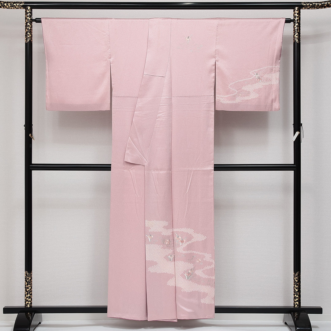 訪問着 袷 絞り 身丈154cm 裄丈65cm Aランク 正絹 広衿 Sサイズ セミフォーマル 蘇州刺繍 流水 杜若 可憐 しとやか ピンク系 1212-14387