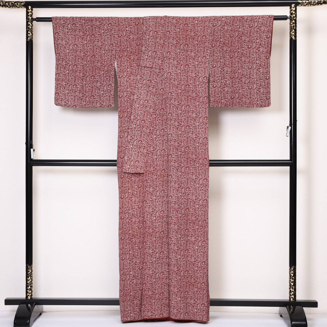 小紋 袷 身丈162cm 裄丈65cm 正絹 Sランク インフォーマル 広衿 Lサイズ 動物柄 赤系 RP 1221-01869