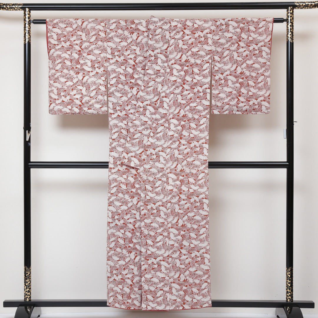 小紋 袷 身丈154cm 裄丈62cm 正絹 Aランク インフォーマル 広衿 Sサイズ 扇 茶系 RP 1221-01440
