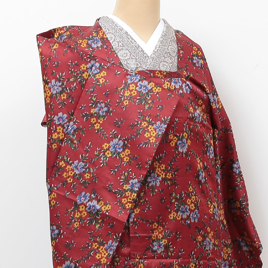 道行コート 洗える着物 袷 身丈128cm 裄丈65cm ポリエステル Cランク Mサイズ フォーマル 花柄 赤系 1263-05661