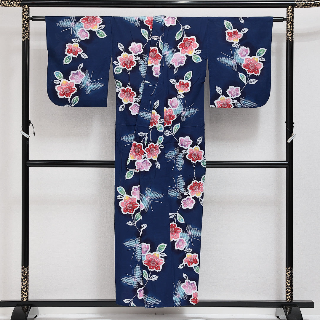 浴衣 夏物 洗える着物 身丈148cm 裄丈65cm Aランク 木綿 バチ衿 XSサイズ カジュアル 花柄 可憐 落ち着き 紺系 1218-14277