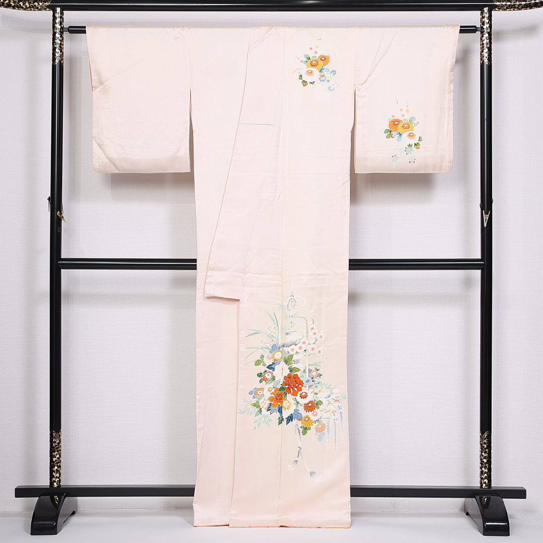 訪問着 袷 身丈163cm 裄丈64cm 正絹 Aランク セミフォーマル 広衿 Lサイズ 金彩 花籠 クリーム系 RP 1217-10388