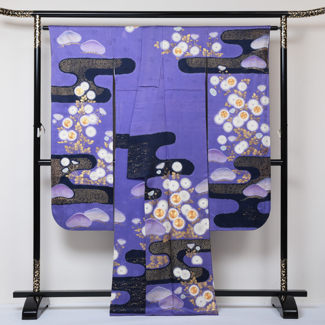 振袖 身丈171cm 裄丈70.5cm Bランク 袷 正絹 広衿 エ霞 金彩 金駒刺繍 松 1213-F0046