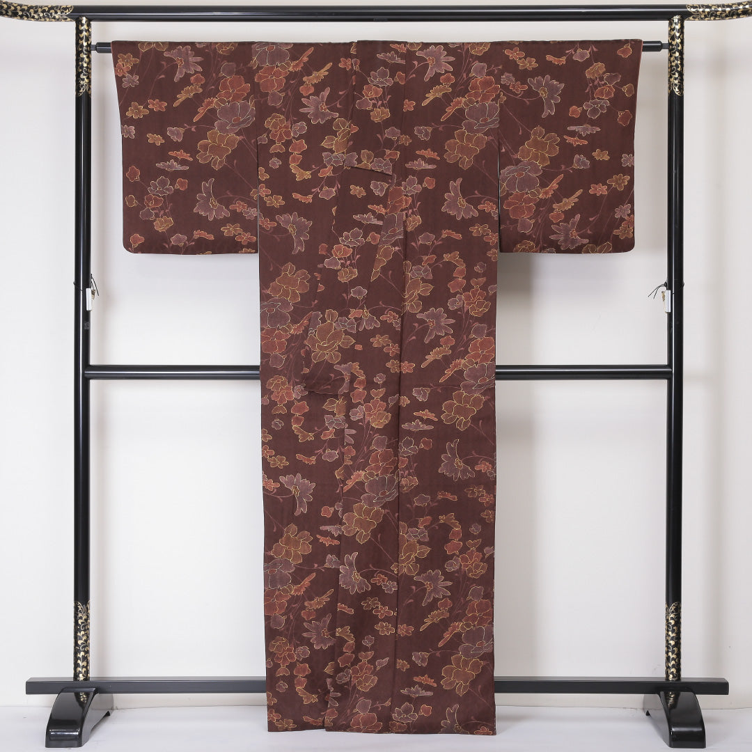小紋 袷 身丈162cm 裄丈65cm 正絹 Sランク インフォーマル 広衿 Lサイズ 牡丹 植物柄 茶系 RP 1221-02069