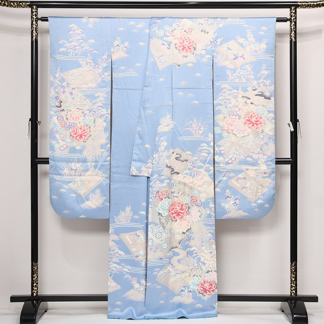 振袖 身丈165cm 裄丈66.5cm Aランク 正絹 袷 広衿 XL 銀駒刺繍 吉祥文様 牡丹 フォーマル 古典的 爽やか 水色系 1213-F0568