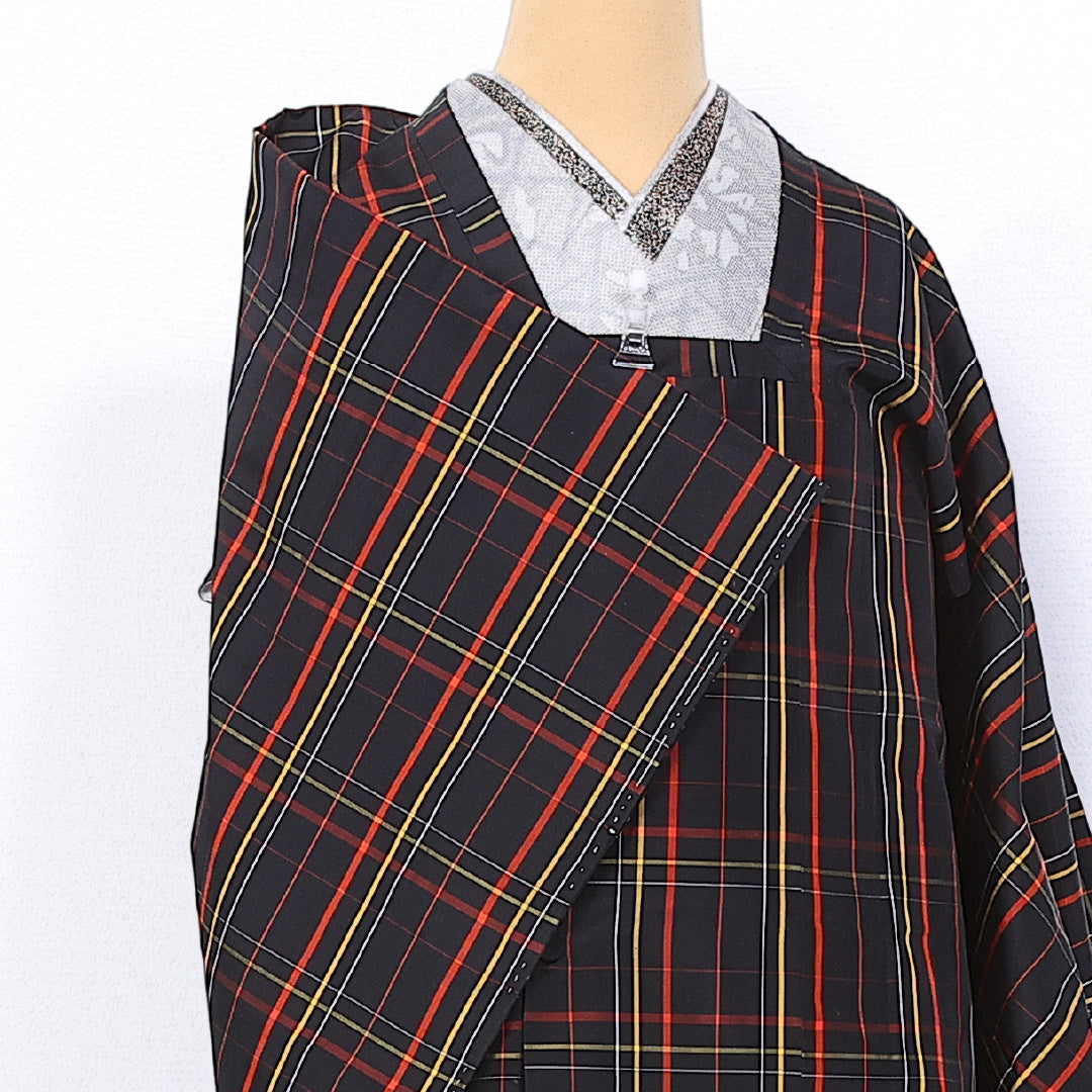 道行コート 身丈81cm 裄丈63cm S 正絹 Sランク 袷 紬 ポケットあり 格子 1263-10782