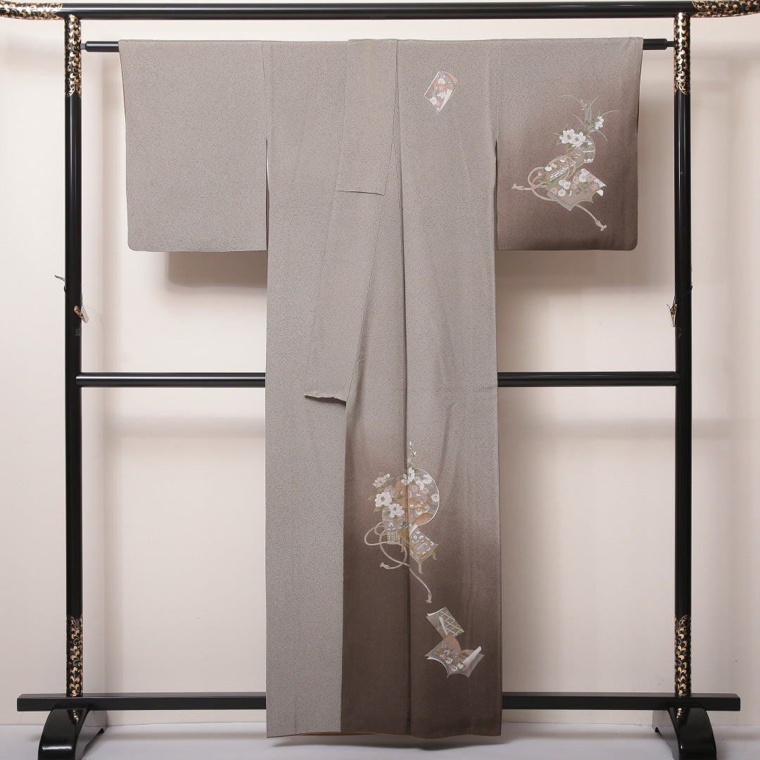 訪問着 袷 身丈159cm 裄丈63cm 正絹 Bランク セミフォーマル 広衿 Mサイズ ぼかし染 組紐 牡丹 茶系 RP 1217-04573