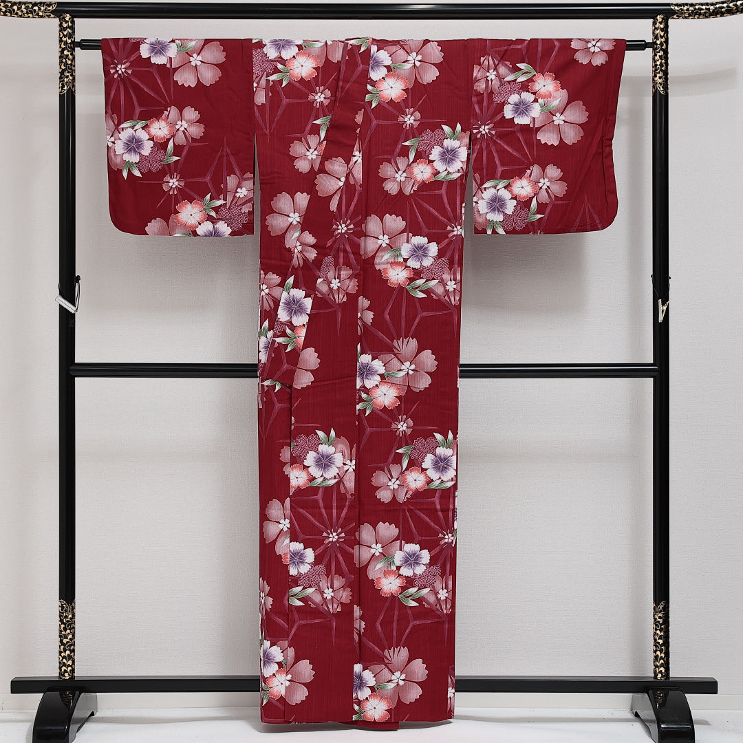浴衣 夏物 洗える着物 身丈158cm 裄丈65cm Sランク 木綿 バチ衿 Mサイズ カジュアル 花柄 シック 華やか 赤系 1218-14283